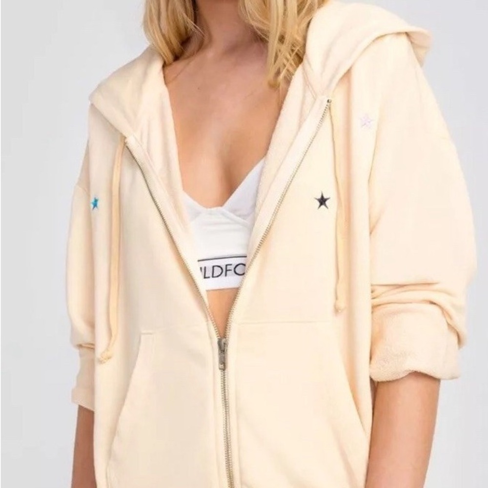 Wildfox Cream Zip-Up Hoodie with Star Accents